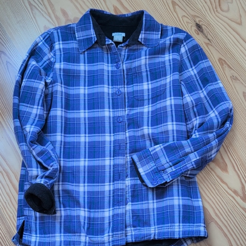 LL Bean Purple and Pink Plaid Button-Up Shirt With Lining